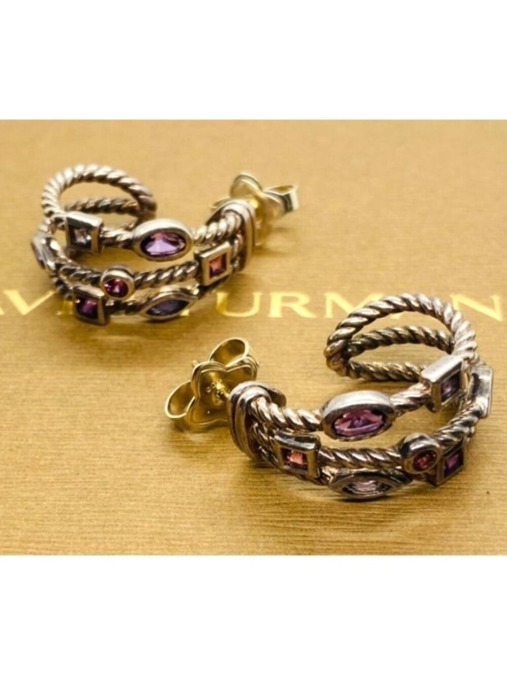 David Yurman 3 row Confetti Earrings Multi Stone 925 750 silver gold